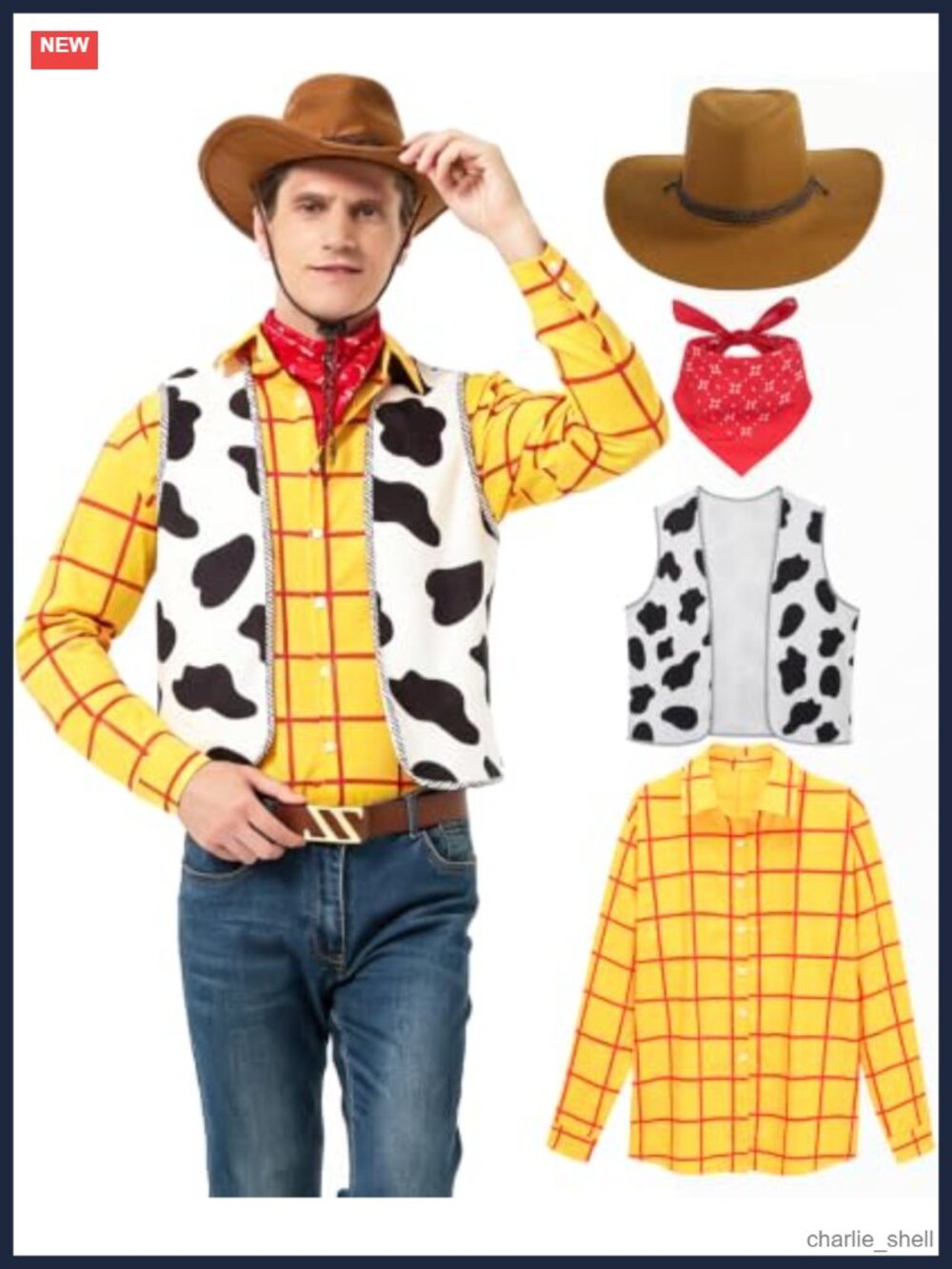 Cowboy Sheriff Costume Set Men Adult Halloween Plaid Shirt Vest Hat